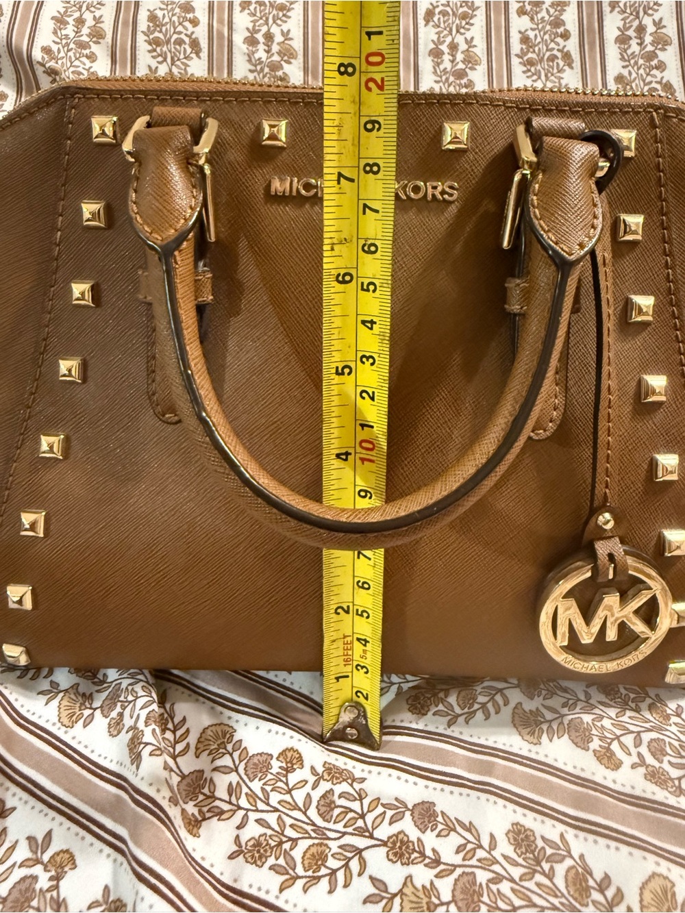 Michael Kors Tan Saffiano Leather Studded Satchel with Detachable Strap - Picture 7 of 10
